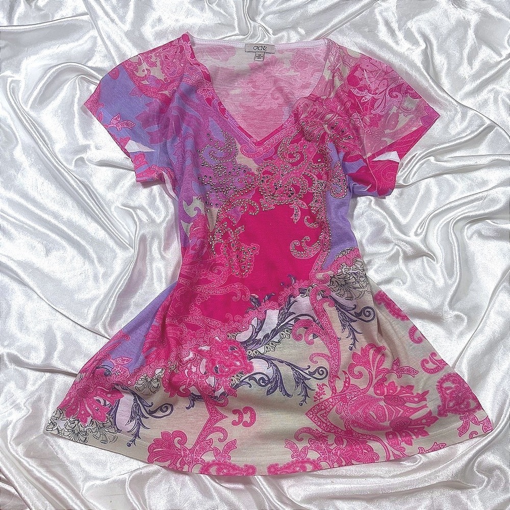 y2k Cache Top Pink Excellent Paisley Rhinestone V-Neck Short Sleeve Shirt